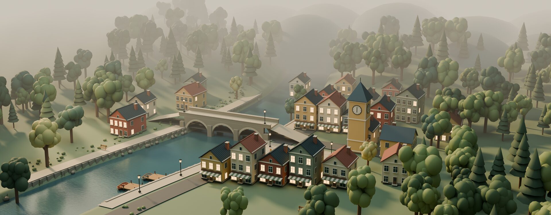 A small Nordic river town at dawn: a stone bridge, a clock tower, terraces with lit shop windows, boats at a quay, and wooded hills in mist