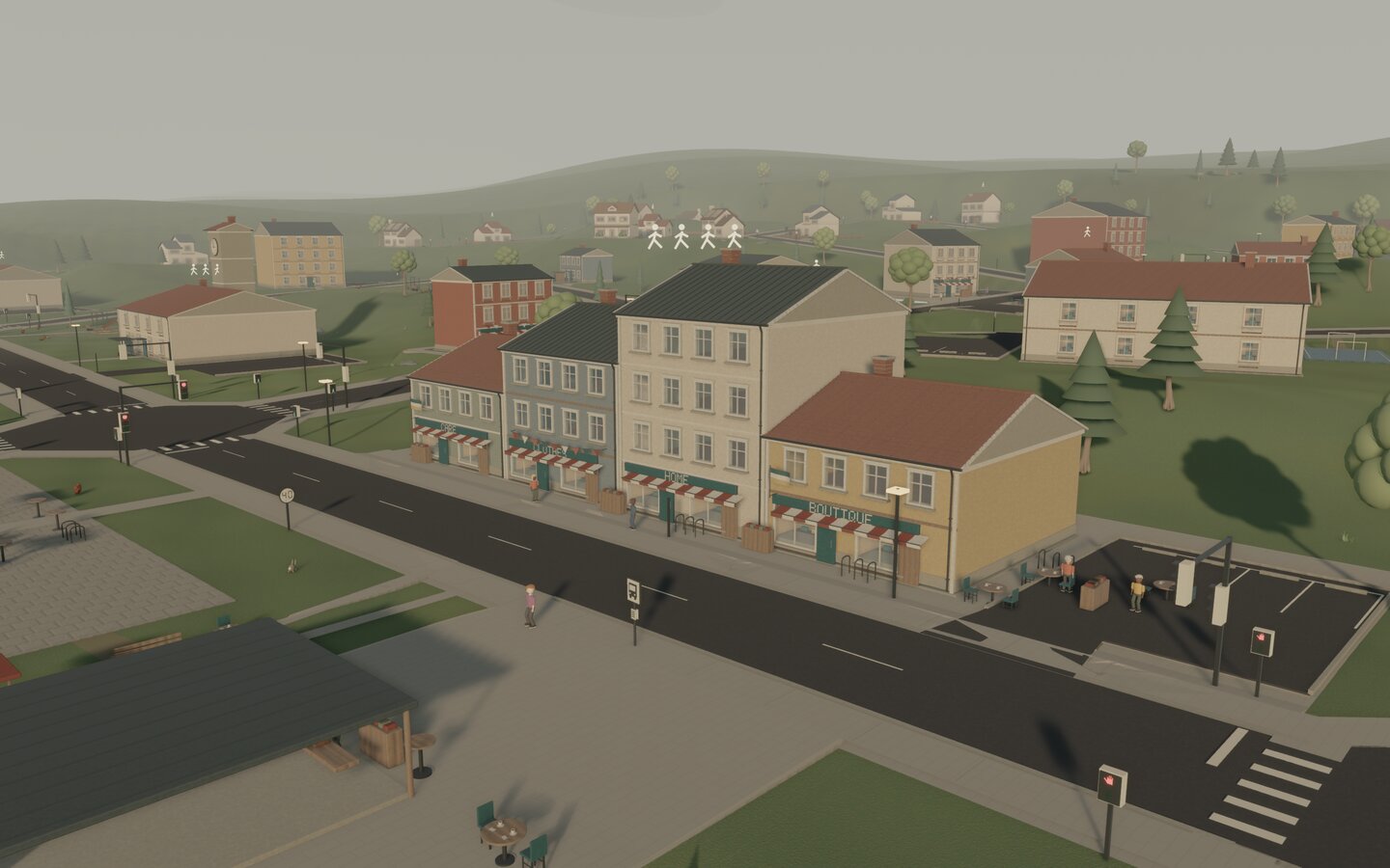 Morning on the main street: the shop row with its striped awnings, commuters on the pavement, a bus stop and houses on the hills behind